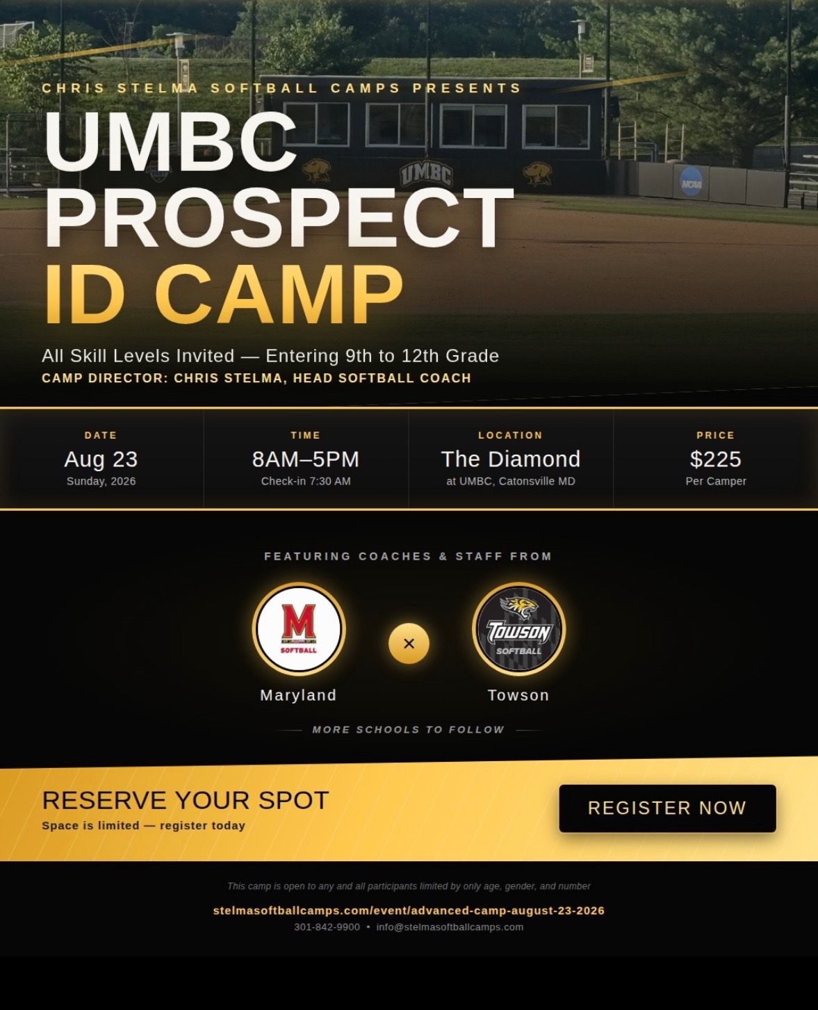 Stelma Softball Camps information on their softball camp to be held on Sunday, August 23, 2026 at The Diamond at UMBC.